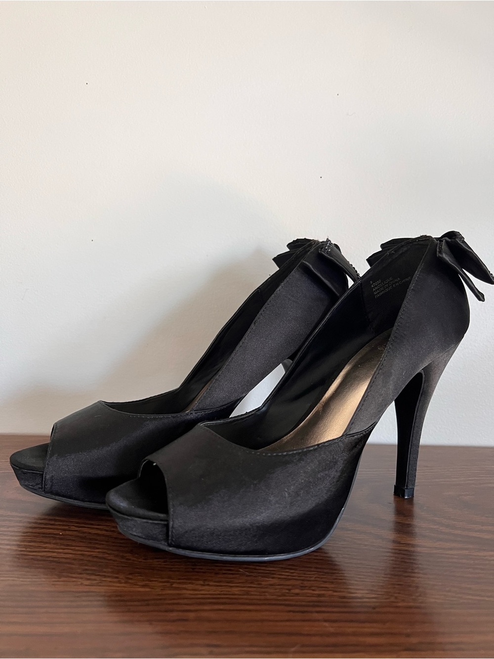 Jolie Black Satin Peep-Toe Stiletto Heels with Back Bow